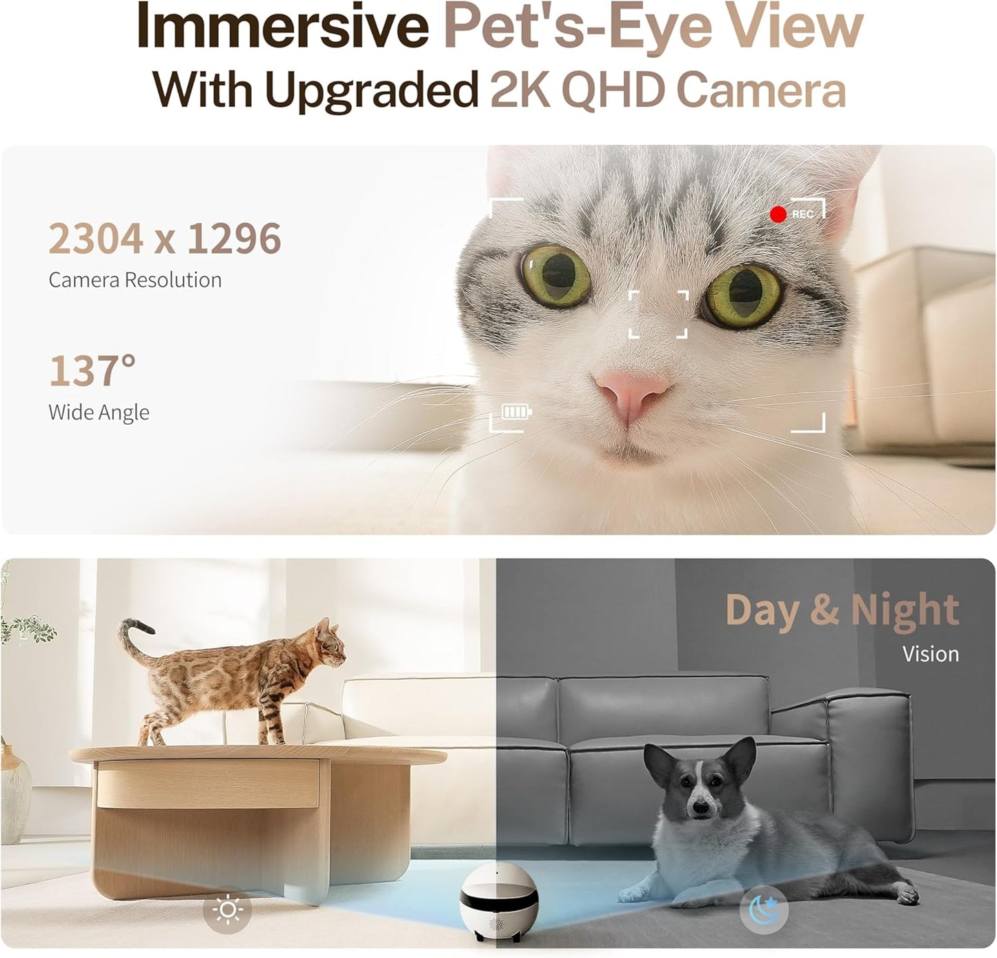 ROLA Mini Familybot 2K Pet Camera Robot: Movable Indoor Camera Battery-Powered with Phone App, One-Touch Call, 2-Way Talk, Night Vision, Motion Detection, Video Recording